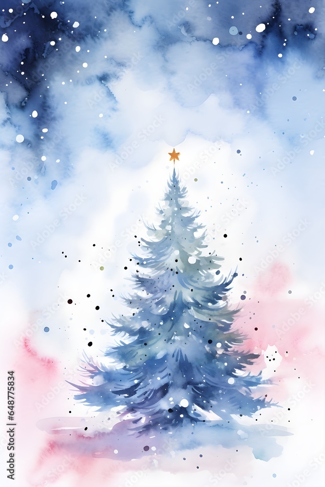Watercolor Christmas tree in snow, invitation, wedding, postcard, magical, fir tree, stars, pink and blue, starry night, abstract, xmas, holiday, festive