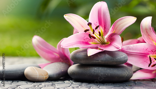 Lily and spa stones in zen garden. Stack of spa massage stones with pink flowers. Generative AI