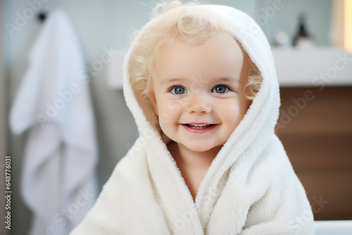 Happy baby wearing white hooded towel sitting after bath