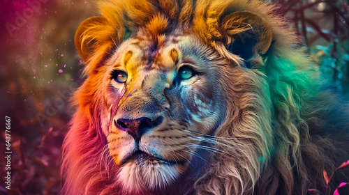 close up of a colorful male lion