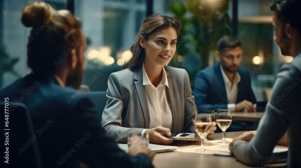 Team leader is having business meeting with colleagues in the office, Watching presentation, Discussing ideas, Brainstorming. Team leader is having business meeting with colleagues in the office, Watching presentation, Discussing ideas, Brainstorming.
