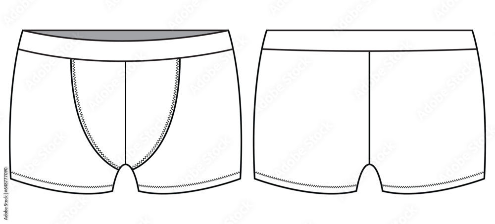 Men's boxer brief underwear front and back view flat sketch fashion illustration, Gents trunk under garments vector template - obrazy, fototapety, plakaty 