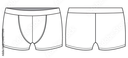 Men's boxer brief underwear front and back view flat sketch fashion illustration, Gents trunk under garments vector template