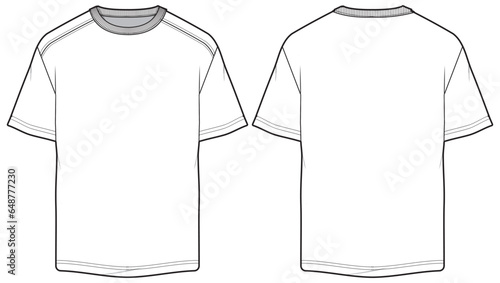 Men's Short sleeve Crew neck T Shirt flat sketch fashion illustration drawing template mock up with front and back view, Oversized baggy round neck t-shirt vector template