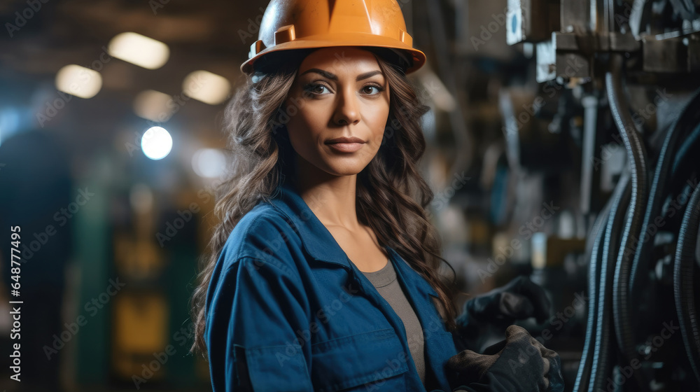 Woman worker working in a factory with heavy machinery around. Woman worker working in a factory with heavy machinery around.