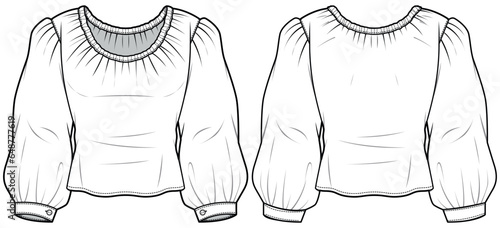 Women boho blouse design flat sketch fashion illustration with front and back view. Peasant poet sleeve blouse top drawing vector template