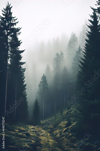 Forested mountain slope in low lying cloud with the conifers shrouded in mist in a scenic landscape