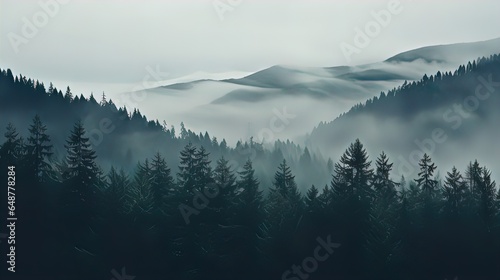 Forested mountain slope in low lying cloud with the conifers shrouded in mist in a scenic landscape photo