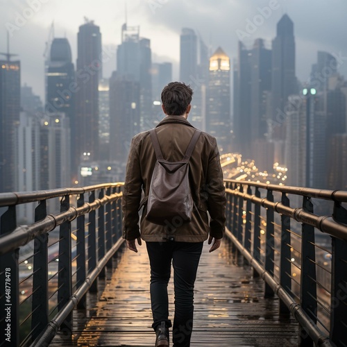 A Man walking over narrow dangerous footbridge above city.