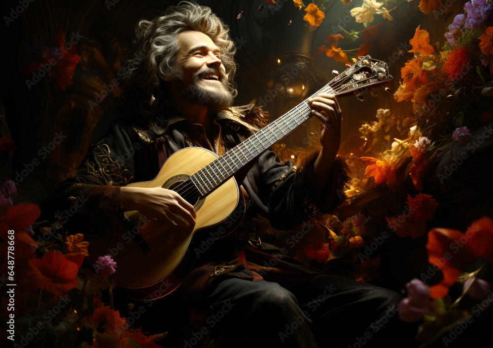 Obraz premium jolly bard playing acoustic guitar . generative ai