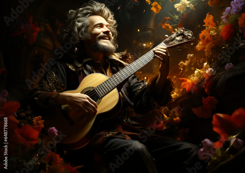 jolly bard playing acoustic guitar . generative ai