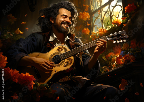 jolly bard playing acoustic guitar . generative ai