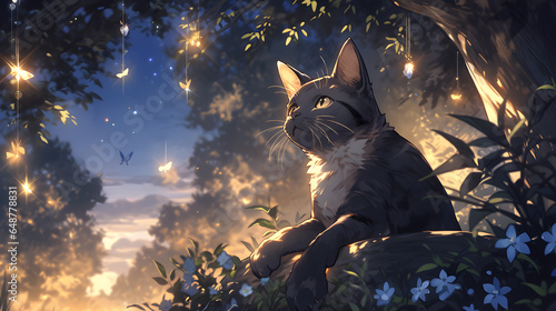 Cat in the forest at night  anime background  anime background