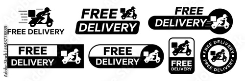 Free delivery icons set. Free shipping label, express delivery badge, fast delivery logo, logistic, courier parcel shipment cargo. Free Delivery truck, van, car, motorcycle, bicycle, scooter icon.