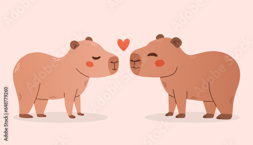 Capybaras in love. Vector illustration of two capibaras with heart on pink. Print for card  tshirt design  poster.