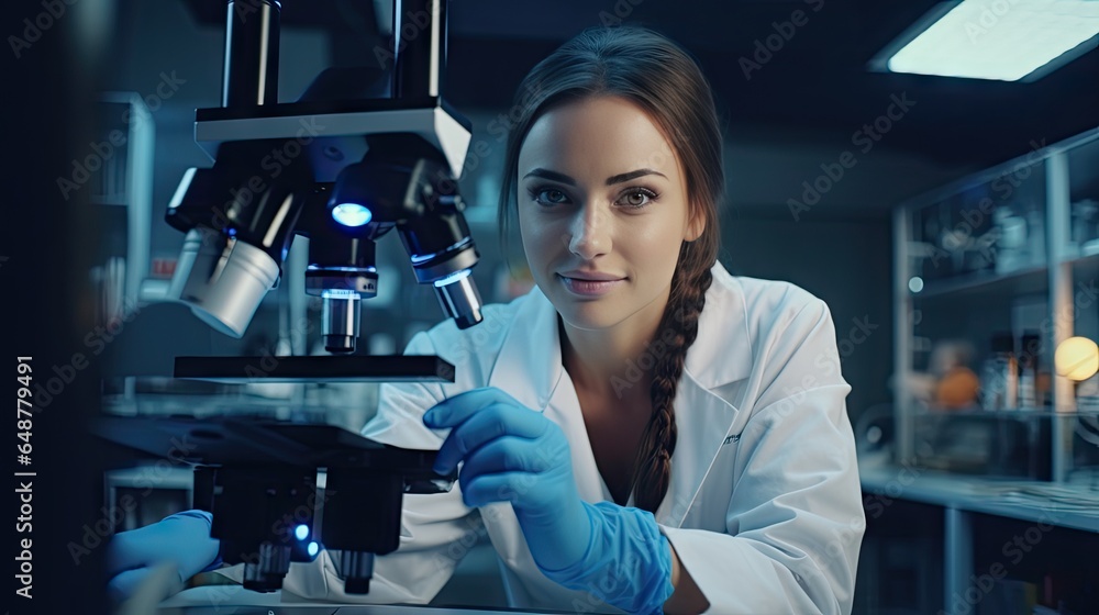 Smart beautiful woman working in a laboratory Use lab equipment, conduct experiments, study test samples. Happy female scientist looking at camera
