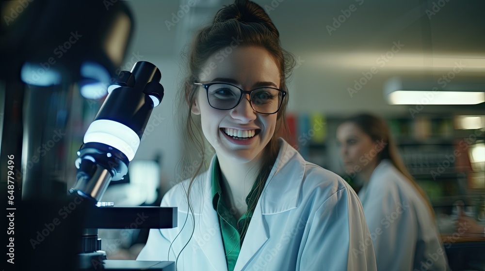 Smart beautiful woman working in a laboratory Use lab equipment, conduct experiments, study test samples. Happy female scientist looking at camera Smart beautiful woman working in a laboratory Use lab equipment, conduct experiments, study test samples. Happy female scientist looking at camera