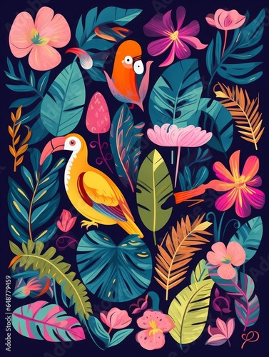  colorful pattern with tropical flowers, leaves, monkey, flamingo and birds. Brazil tropical pattern.  Rio de janeiro pattern, Generative AI  © FrameFlow