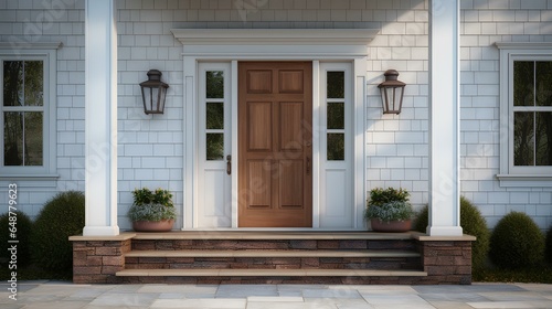 Main entrance door in house. Wooden front door with gabled porch and landing. Exterior of georgian style home cottage with columns and stone cladding. generative AI © yj