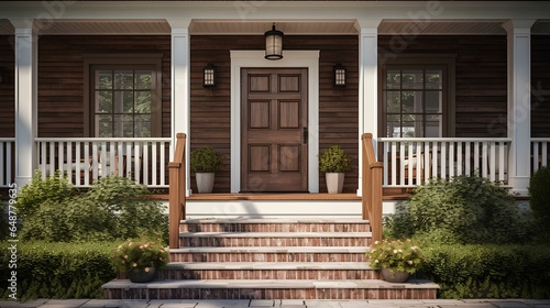 Main entrance door in house. Wooden front door with gabled porch and landing. Exterior of georgian style home cottage with columns and stone cladding. generative AI photo