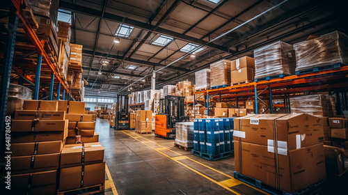 Forklift in warehouse. Forklift in warehouse. Distribution warehouse.