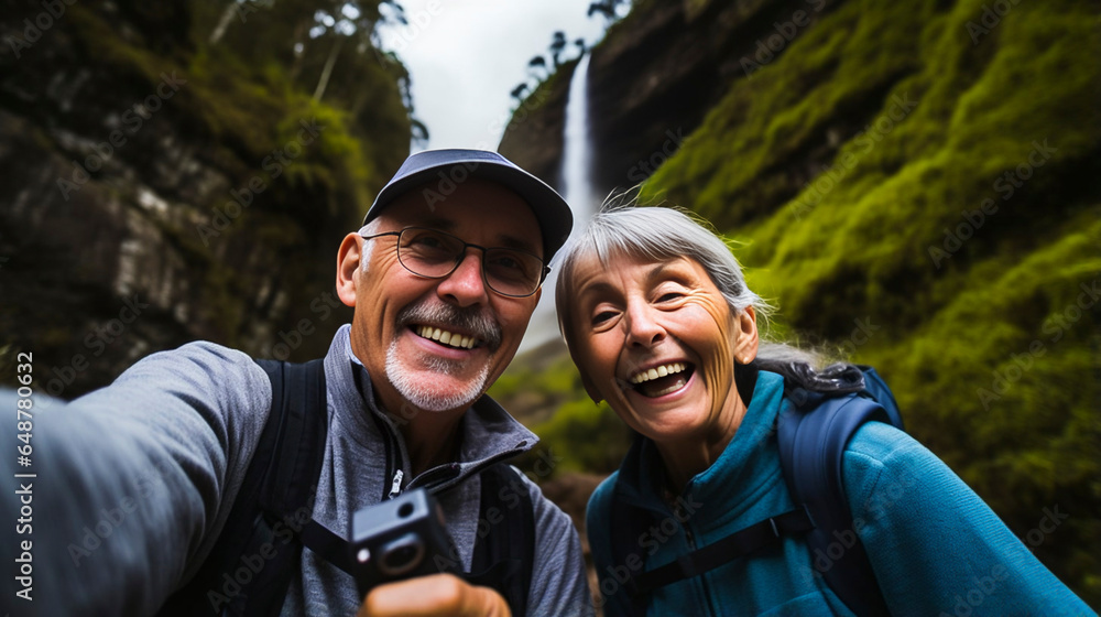 Elderly couple visiting national park taking selfie picture in front of waterfall - Traveling life style concept with senior couple enjoying freedom in the nature