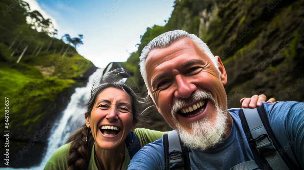 Elderly couple visiting national park taking selfie picture in front of waterfall - Traveling life style concept with senior couple enjoying freedom in the nature