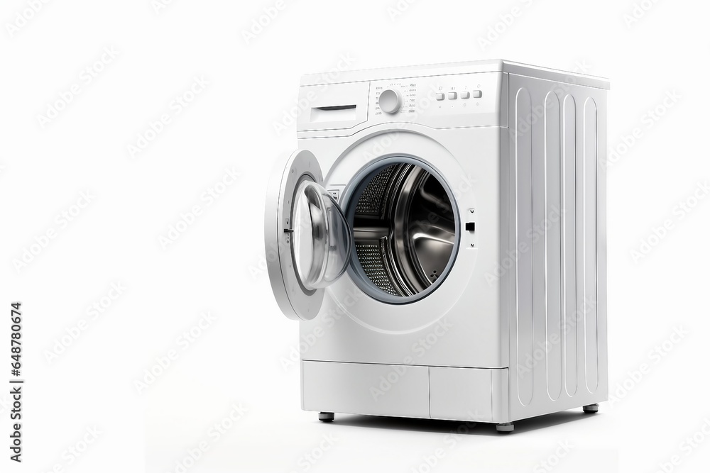 White Front Load Washing Machine Isolated on White Background. Modern Washer with Electronic Control Panel. Side View of Household and Domestic Major Appliance. Home Innovation. generative ai.