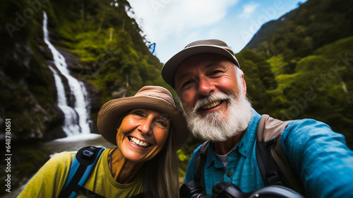 Elderly couple visiting national park taking selfie picture in front of waterfall - Traveling life style concept with senior couple enjoying freedom in the nature