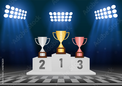 Trophy Cups on Winner Podium Illuminated with Spotlights in Racing Track Arena. Pedestal Sport Podiums. Podium Winner Stand. Vector Illustration.