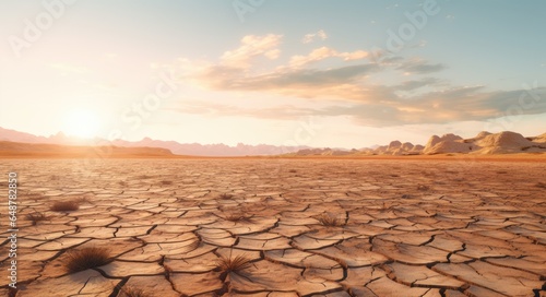 Drought plain land with blue sky and sunlight background.