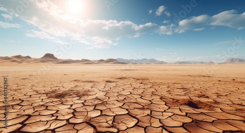 Drought plain land with blue sky and sunlight background.