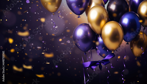 Beautiful Festive Background with Gold and Purple Balloons