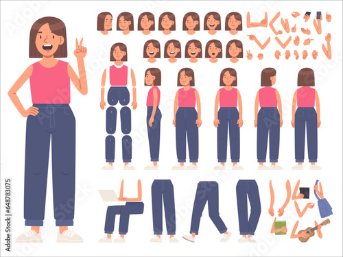 Constructor teen girl character for animation. A wide variety of body positions, arms and legs, postures and gestures photo