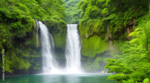 Ethereal Beauty Unveiled: A Captivating Photograph of a Majestic Waterfall Cascading Amidst a Verdant Paradise, a Nature Lover's Dream Come True