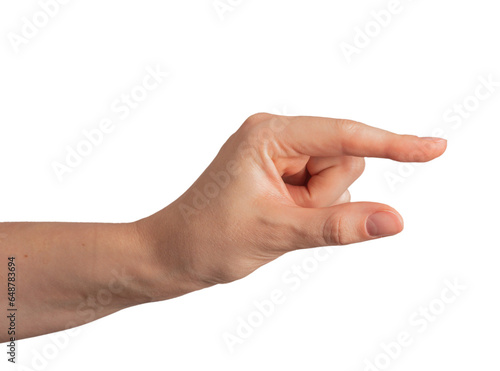 Index finger and thumb gesture showing something small, little bit amount, isolated on hwite