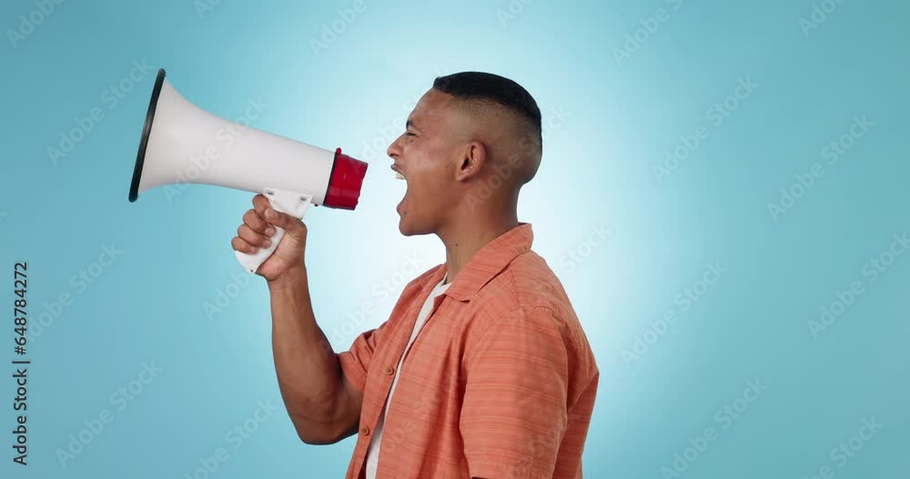Megaphone, politics and a man speaker shouting on a blue background in
