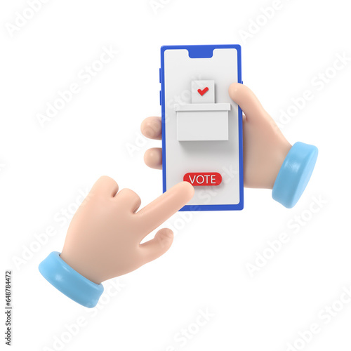 Online voting concept. 3d illustration flat design style. A man holds a smartphone in his hand. Make your choice. Bulletin,puts in ballot box. Election vote. Politics poll. 