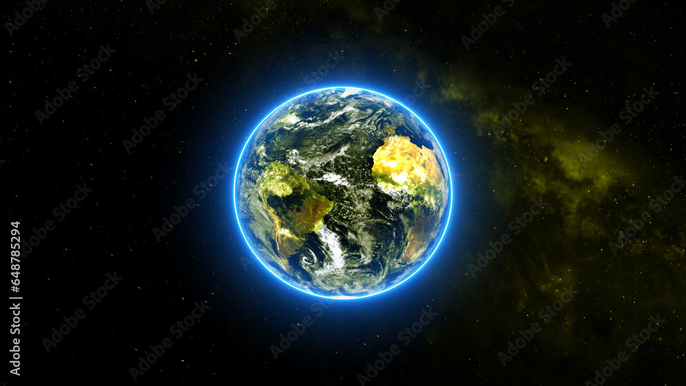 Shine light and glow small stars with Earth to realistic style from cosmos. Globe is centered in frame. illustration background.