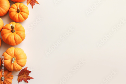 Orange pumpkins and autumn leaves on gray background with copy space