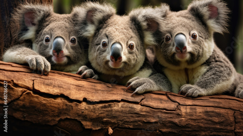 A group of funny koalas close-up