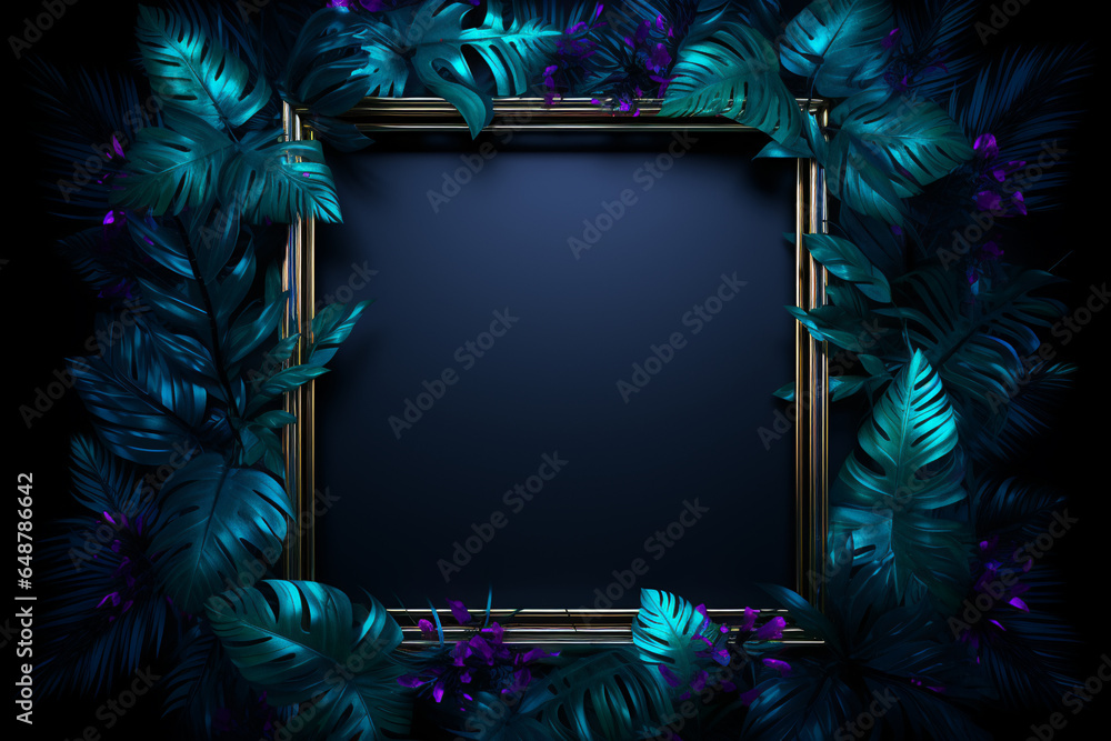 neon frame with tropical leaves on a dark background with copy space - obrazy, fototapety, plakaty 