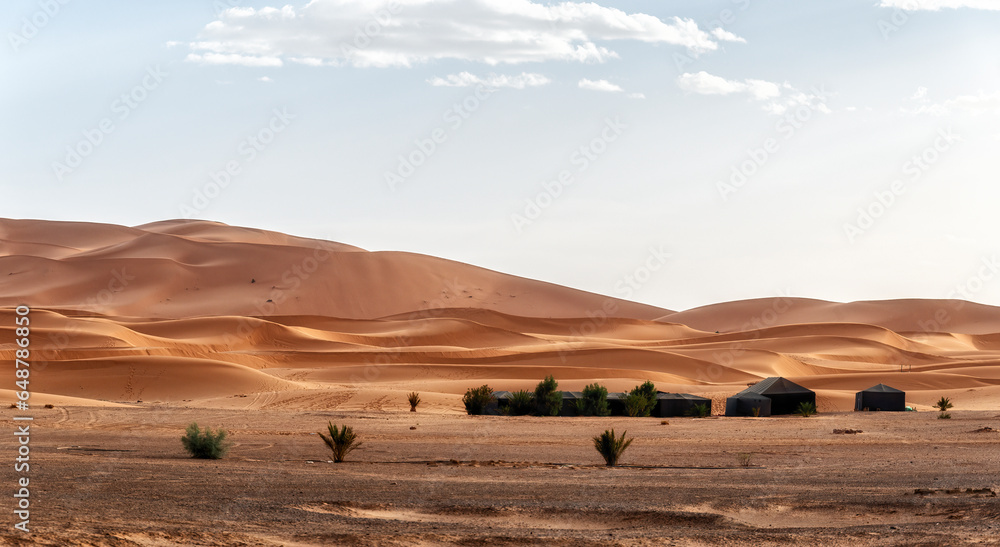 Obraz premium Camp site with tents over sand dunes in Sahara desert, Morocco