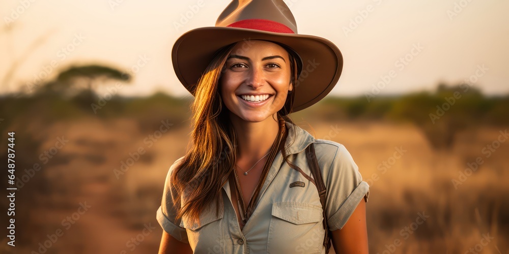 Happy Woman beams with delight in her adventurer outfit and hat, tourist concept Happy Woman beams with delight in her adventurer outfit and hat, tourist concept