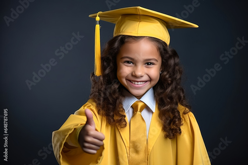 African american child wearing graduated cap and uniform doing thumb up gesture on dark background
