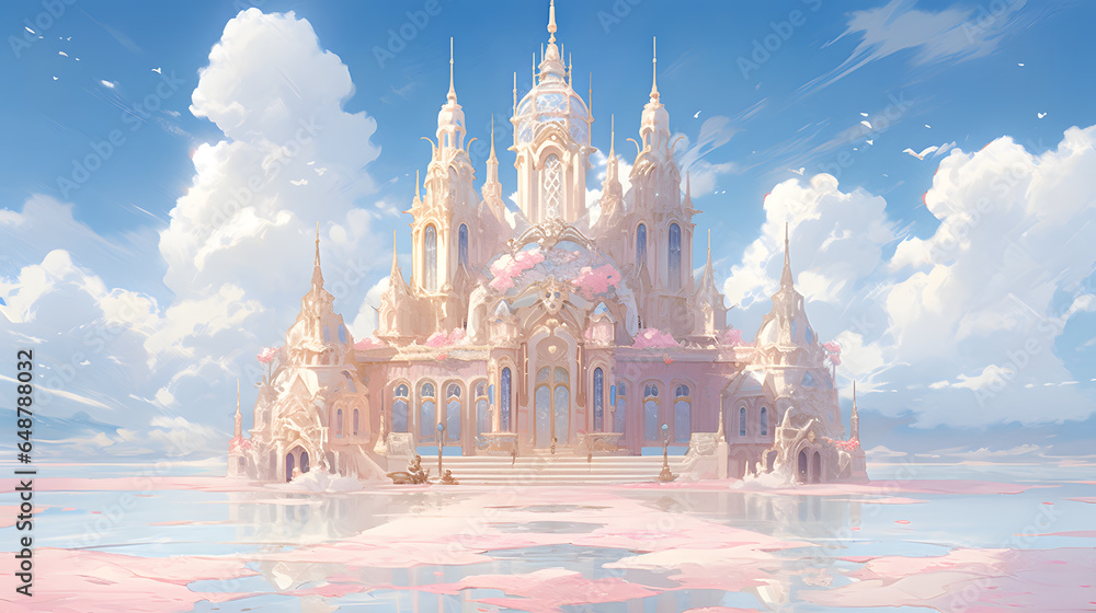 Pink temple in the blue sky, anime background Pink temple in the blue sky, anime background