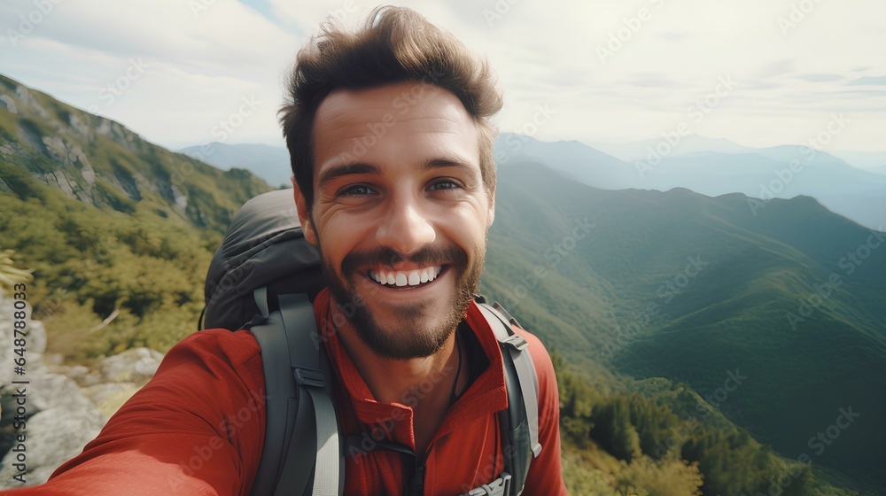 Young hiker taking selfie portrait on the top of mountain, happy guy smiling at camera. tourism, sport life style,social media influencer. generative AI