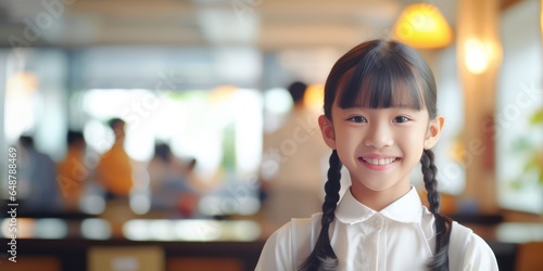 A little Asian schoolgirl radiating joy through her smile