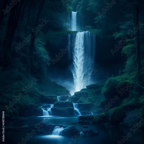 Waterfall in Forest Drawing Illustration 