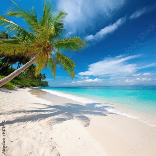 Beautiful tropical beach with white sand, turquoise ocean on background blue sky with clouds on sunny summer day